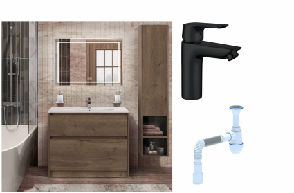 Комплект: Мебель для ванной BelBagno Kraft 100 + Смеситель Aquanet Static AF330-10B для раковины, чёрный + Сифон АниПласт