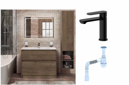 Комплект: Мебель для ванной BelBagno Kraft 100 + Смеситель для раковины Haiba HB10590-7, черный + Сифон АниПласт