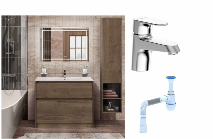 Комплект: Мебель для ванной BelBagno Kraft 100 + Смеситель Bravat Alfa F1120178CP для раковины, хром + Сифон АниПласт
