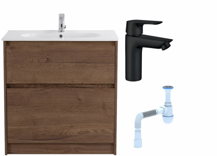 Комплект: Тумба с раковиной BelBagno Kraft 100 напольная + Смеситель Aquanet Static AF330-10B для раковины, чёрный + Сифон АниПласт