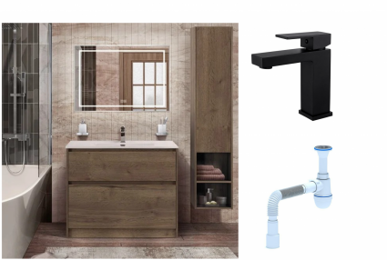 Комплект: Мебель для ванной BelBagno Kraft 100  + Смеситель Haiba HB10803-7 черный + Сифон АниПласт