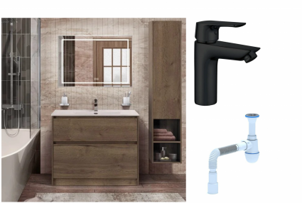 Комплект: Мебель для ванной BelBagno Kraft 100  + Смеситель Aquanet Static AF330-10B для раковины, чёрный + Сифон АниПласт