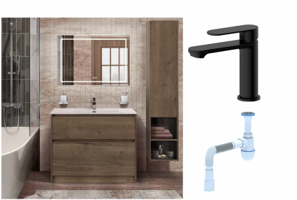 Комплект: Мебель для ванной BelBagno Kraft 100  + Смеситель для раковины Haiba HB10590-7, черный + Сифон АниПласт
