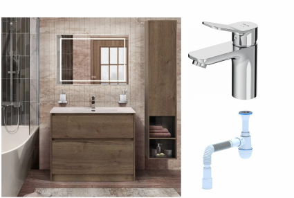 Комплект: Мебель для ванной BelBagno Kraft 100  + Смеситель Am.Pm X-Joy F85A02100 для раковины, хром + Сифон АниПласт