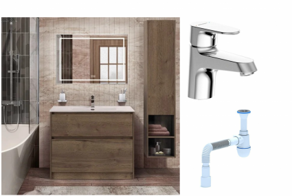 Комплект: Мебель для ванной BelBagno Kraft 100 + Смеситель Bravat Alfa F1120178CP для раковины, хром + Сифон АниПласт