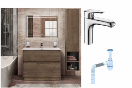 Комплект: Мебель для ванной BelBagno Kraft 100 + Смеситель Lemark Point LM0306C для раковины, хром + Сифон АниПласт