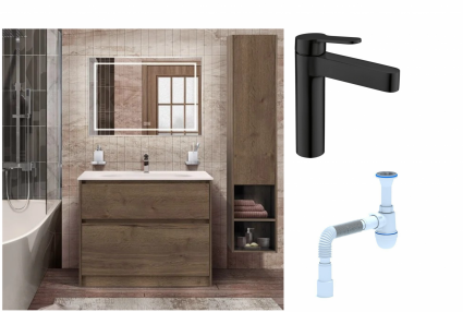 Комплект: Мебель для ванной BelBagno Kraft 100 + Смеситель для раковины BelBagno Delta DEL-LVM-NERO, черный + Сифон АниПласт