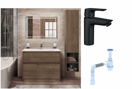 Комплект: Мебель для ванной BelBagno Kraft 100  + Смеситель Aquanet Static AF330-10B для раковины, чёрный + Сифон АниПласт