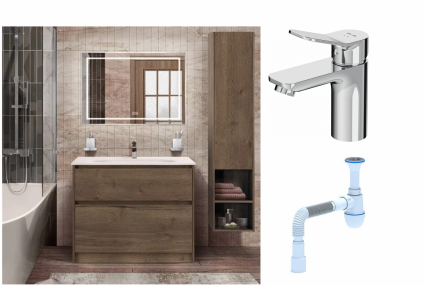 Комплект: Мебель для ванной BelBagno Kraft 100  + Смеситель Am.Pm X-Joy F85A02100 для раковины, хром + Сифон АниПласт