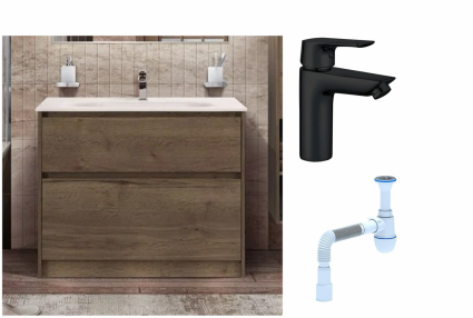 Комплект: Тумба с раковиной BelBagno Kraft 100 напольная + Смеситель Aquanet Static AF330-10B для раковины, чёрный + Сифон АниПласт