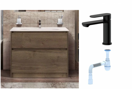 Комплект: Тумба с раковиной BelBagno Kraft 100 напольная + Смеситель для раковины Haiba HB10590-7, черный + Сифон АниПласт