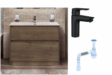 Комплект: Тумба с раковиной BelBagno Kraft 100 напольная + Смеситель Aquanet Static AF330-10B для раковины, чёрный + Сифон АниПласт