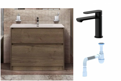 Комплект: Тумба с раковиной BelBagno Kraft 100 напольная + Смеситель для раковины Haiba HB10590-7, черный + Сифон АниПласт