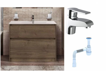 Комплект: Тумба с раковиной BelBagno Kraft 100 напольная + Смеситель Agger Right A2902100 для раковины, хром + Сифон АниПласт