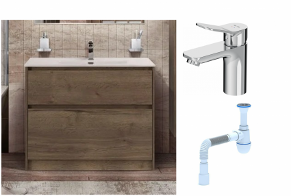 Комплект: Тумба с раковиной BelBagno Kraft 100 напольная + Смеситель Am.Pm X-Joy F85A02100 для раковины, хром + Сифон АниПласт