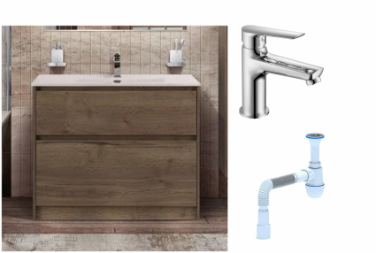 Комплект: Тумба с раковиной BelBagno Kraft 100 напольная + Смеситель для раковины Haiba HB10198, хром + Сифон АниПласт