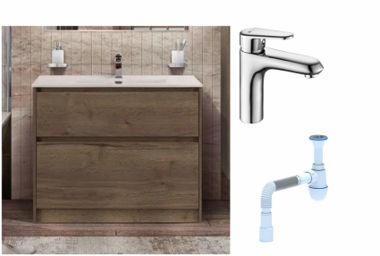 Комплект: Тумба с раковиной BelBagno Kraft 100 напольная + Смеситель Lemark Point LM0306C для раковины, хром + Сифон АниПласт