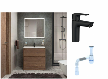 Комплект: Мебель для ванной BelBagno Kraft + Смеситель Aquanet Static AF330-10B для раковины, чёрный + Сифон АниПласт