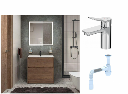 Комплект: Мебель для ванной BelBagno Kraft + Смеситель Am.Pm X-Joy F85A02100 для раковины, хром + Сифон АниПласт