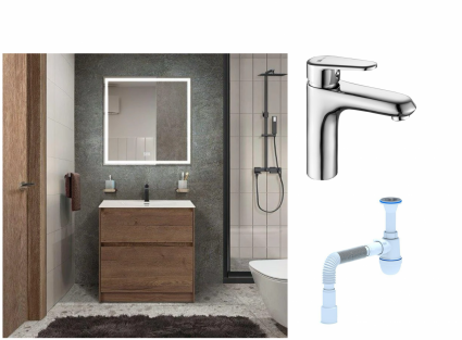 Комплект: Мебель для ванной BelBagno Kraft + Смеситель Lemark Point LM0306C для раковины, хром + Сифон АниПласт