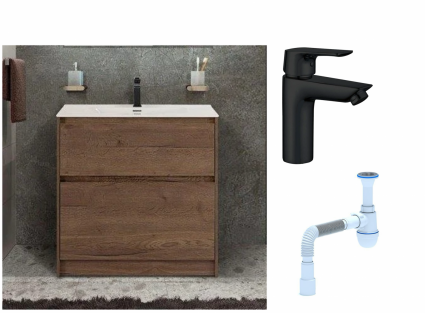 Комплект: Тумба с раковиной BelBagno Kraft напольная + Смеситель Aquanet Static AF330-10B для раковины, чёрный + Сифон АниПласт