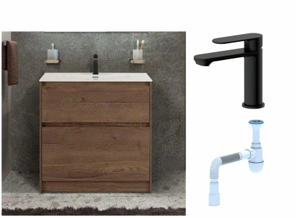 Комплект: Тумба с раковиной BelBagno Kraft напольная + Смеситель для раковины Haiba HB10590-7, черный + Сифон АниПласт