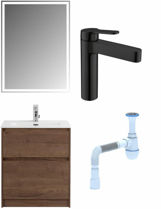 Комплект: Мебель для ванной BelBagno Kraft + Смеситель для раковины BelBagno Delta DEL-LVM-NERO, черный + Сифон АниПласт
