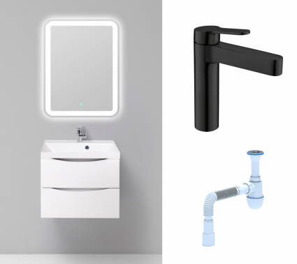 Комплект: Мебель для ванной BelBagno Marino 60 bianco lucido + Смеситель BelBagno Delta DEL-LVM-NERO черный + Сифон АниПласт