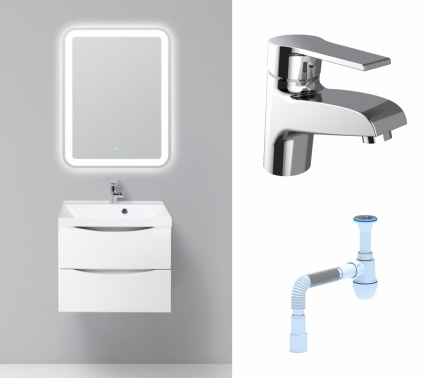 Комплект: Мебель для ванной BelBagno Marino 60 bianco lucido + Смеситель Agger Right A2902100 хром + Сифон АниПласт