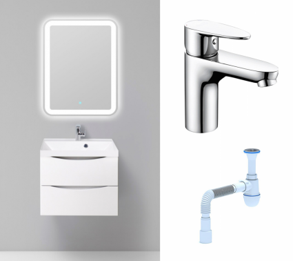 Комплект: Мебель для ванной BelBagno Marino 60 bianco lucido + Смеситель Wasserkraft Leine 3503 хром + Сифон АниПласт
