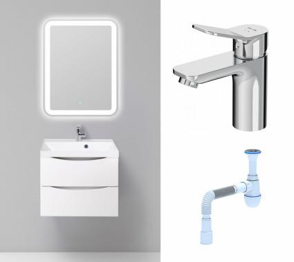 Комплект: Мебель для ванной BelBagno Marino 60 bianco lucido + Смеситель Am.Pm X-Joy F85A02100 хром + Сифон АниПласт