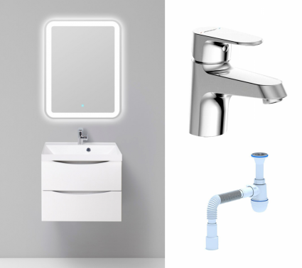 Комплект: Мебель для ванной BelBagno Marino 60 bianco lucido + Смеситель Bravat Alfa F1120178CP хром + Сифон АниПласт