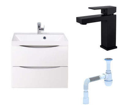 Комплект: Тумба с раковиной BelBagno Marino 60 bianco lucido + Смеситель Haiba HB10803-7 черный + Сифон АниПласт