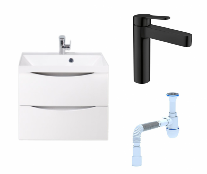 Комплект: Тумба с раковиной BelBagno Marino 60 bianco lucido + Смеситель BelBagno Delta DEL-LVM-NERO черный + Сифон АниПласт