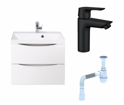 Комплект: Тумба с раковиной BelBagno Marino 60 bianco lucido + Смеситель Aquanet Static AF330-10B черный + Сифон АниПласт