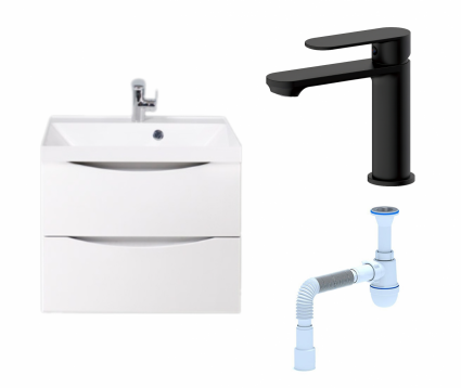 Комплект: Тумба с раковиной BelBagno Marino 60 bianco lucido + Смеситель Haiba HB10590-7 черный + Сифон АниПласт
