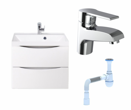 Комплект: Тумба с раковиной BelBagno Marino 60 bianco lucido + Смеситель Agger Right A2902100 хром + Сифон АниПласт