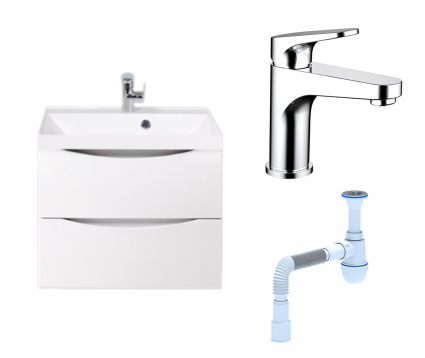 Комплект: Тумба с раковиной BelBagno Marino 60 bianco lucido + Смеситель Bravat Eler F1191238CP-RUS хром + Сифон АниПласт