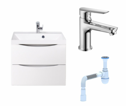 Комплект: Тумба с раковиной BelBagno Marino 60 bianco lucido + Смеситель для раковины Haiba HB10198 хром + Сифон АниПласт