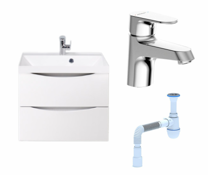 Комплект: Тумба с раковиной BelBagno Marino 60 bianco lucido + Смеситель Bravat Alfa F1120178CP хром + Сифон АниПласт