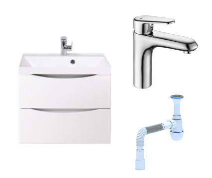Комплект: Тумба с раковиной BelBagno Marino 60 bianco lucido + Смеситель Lemark Point LM0306C [hjv + Сифон АниПласт