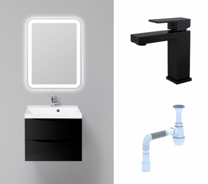 Комплект: Мебель для ванной BelBagno Marino 60 nero lucido + Смеситель Haiba HB10803-7 черный + Сифон АниПласт