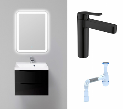 Комплект: Мебель для ванной BelBagno Marino 60 nero lucido + Смеситель BelBagno Delta DEL-LVM-NERO черный + Сифон АниПласт