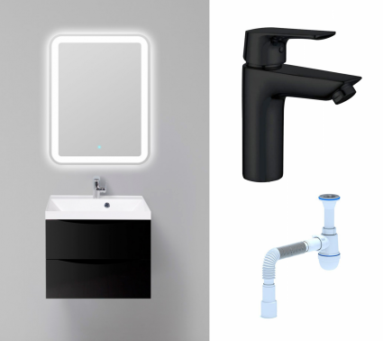 Комплект: Мебель для ванной BelBagno Marino 60 nero lucido + Смеситель Aquanet Static AF330-10B черный + Сифон АниПласт