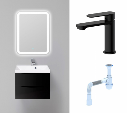 Комплект: Мебель для ванной BelBagno Marino 60 nero lucido + Смеситель Haiba HB10590-7 черный + Сифон АниПласт