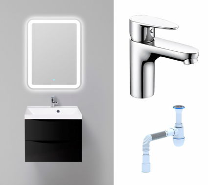 Комплект: Мебель для ванной BelBagno Marino 60 nero lucido + Смеситель Wasserkraft Leine 3503 хром + Сифон АниПласт