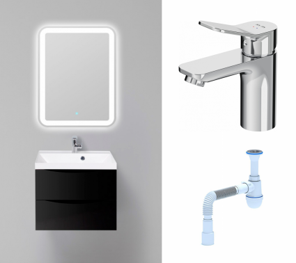Комплект: Мебель для ванной BelBagno Marino 60 nero lucido + Смеситель Am.Pm X-Joy F85A02100 хром + Сифон АниПласт