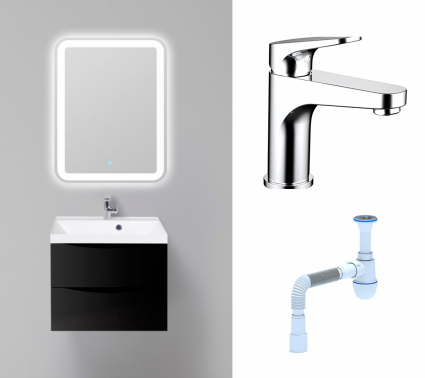 Комплект: Мебель для ванной BelBagno Marino 60 nero lucido + Смеситель Bravat Eler F1191238CP-RUS хром + Сифон АниПласт