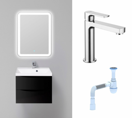 Комплект: Мебель для ванной BelBagno Marino 60 nero lucido + Смеситель Lemark plus Grace LM1537C хром + Сифон АниПласт