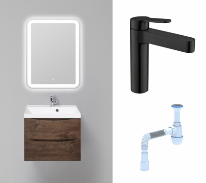 Комплект: Мебель для ванной BelBagno Marino 60 rovere moro + Смеситель BelBagno Delta DEL-LVM-NERO черный + Сифон АниПласт